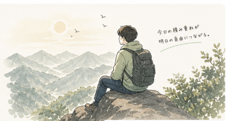山を眺めながら未来の自由を思い描くイメージ